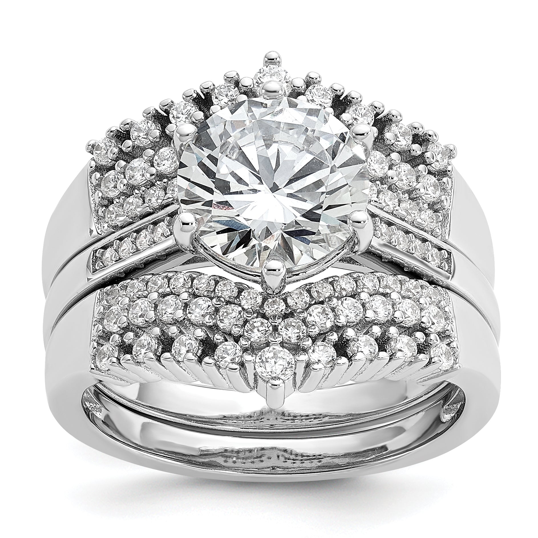 Cheryl M Sterling Silver Rhodium-plated Polished Fancy CZ with Two 3-Row Bands Ring Set