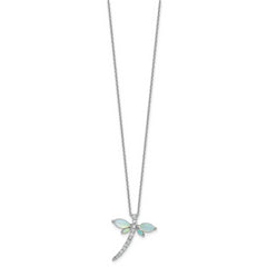 Cheryl M Sterling Silver Rhodium-plated Polished Lab Created Opal and CZ Dragonfly with 2 Inch Extension Necklace