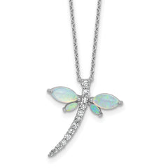 Cheryl M Sterling Silver Rhodium-plated Polished Lab Created Opal and CZ Dragonfly with 2 Inch Extension Necklace