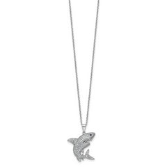 Cheryl M Sterling Silver Rhodium-plated Polished Lab Created Black Spinel and CZ Shark with 2 Inch Extension Necklace
