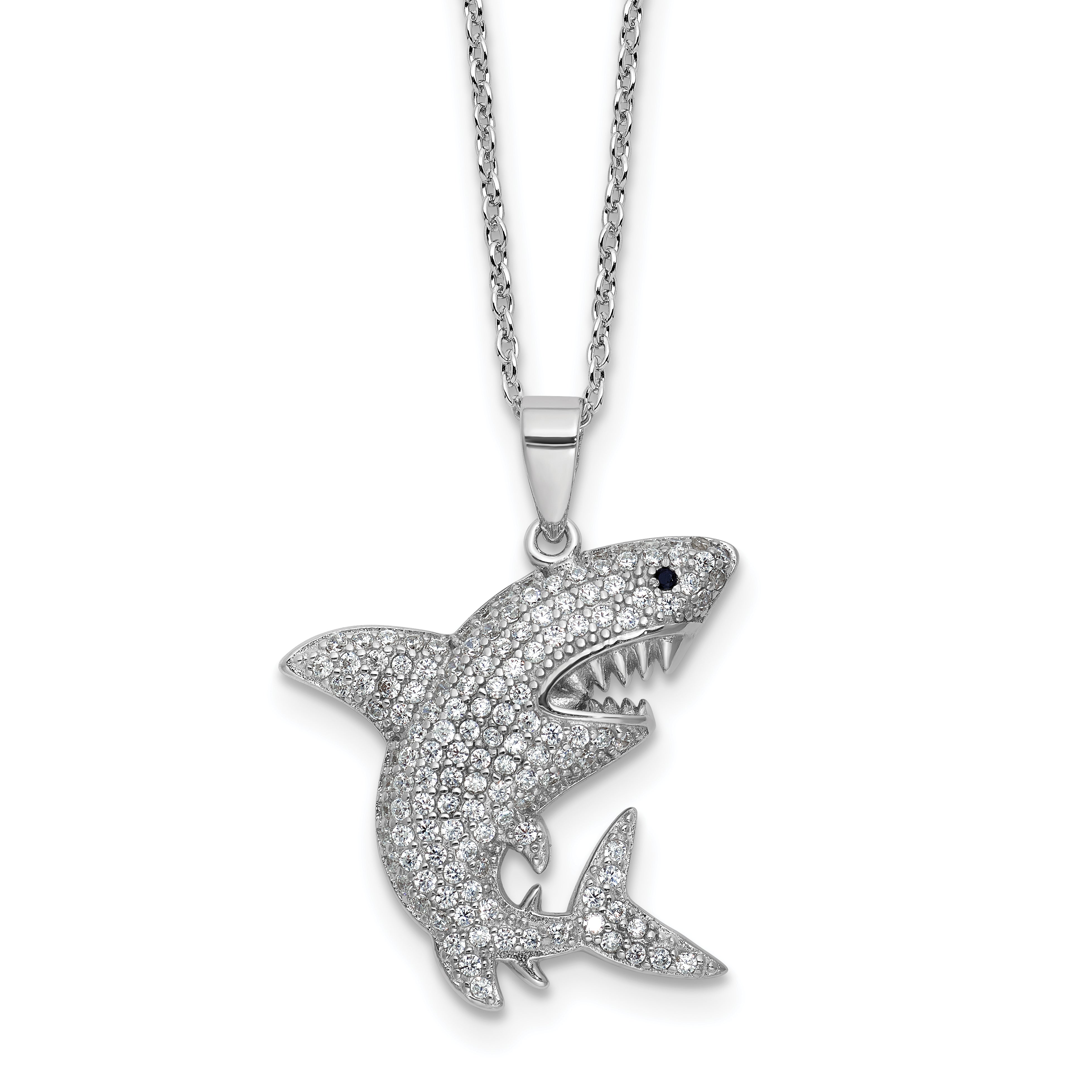 Cheryl M Sterling Silver Rhodium-plated Polished Lab Created Black Spinel and CZ Shark with 2 Inch Extension Necklace