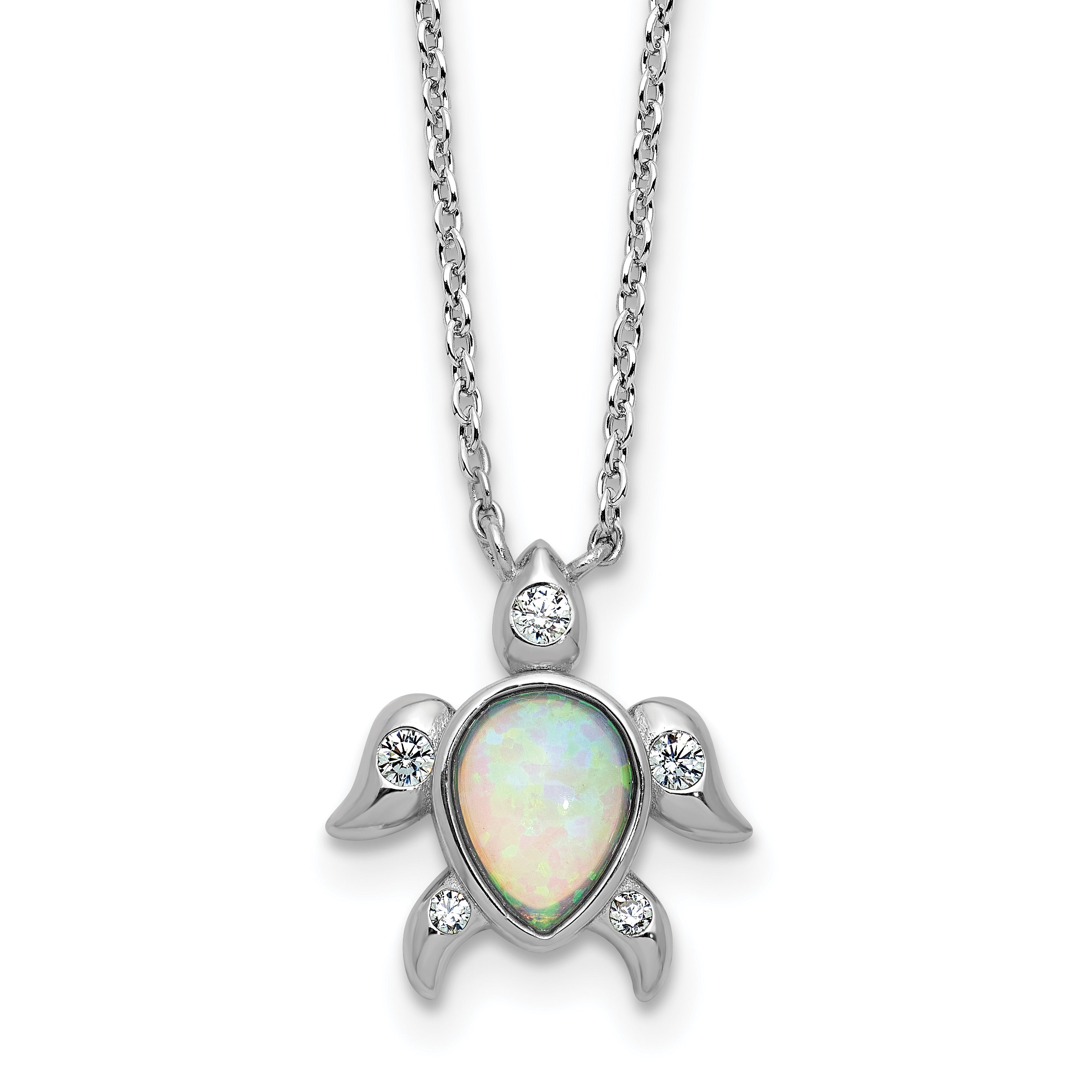 Cheryl M Sterling Silver Rhodium-plated Polished Lab Created Opal and CZ Turtle Necklace