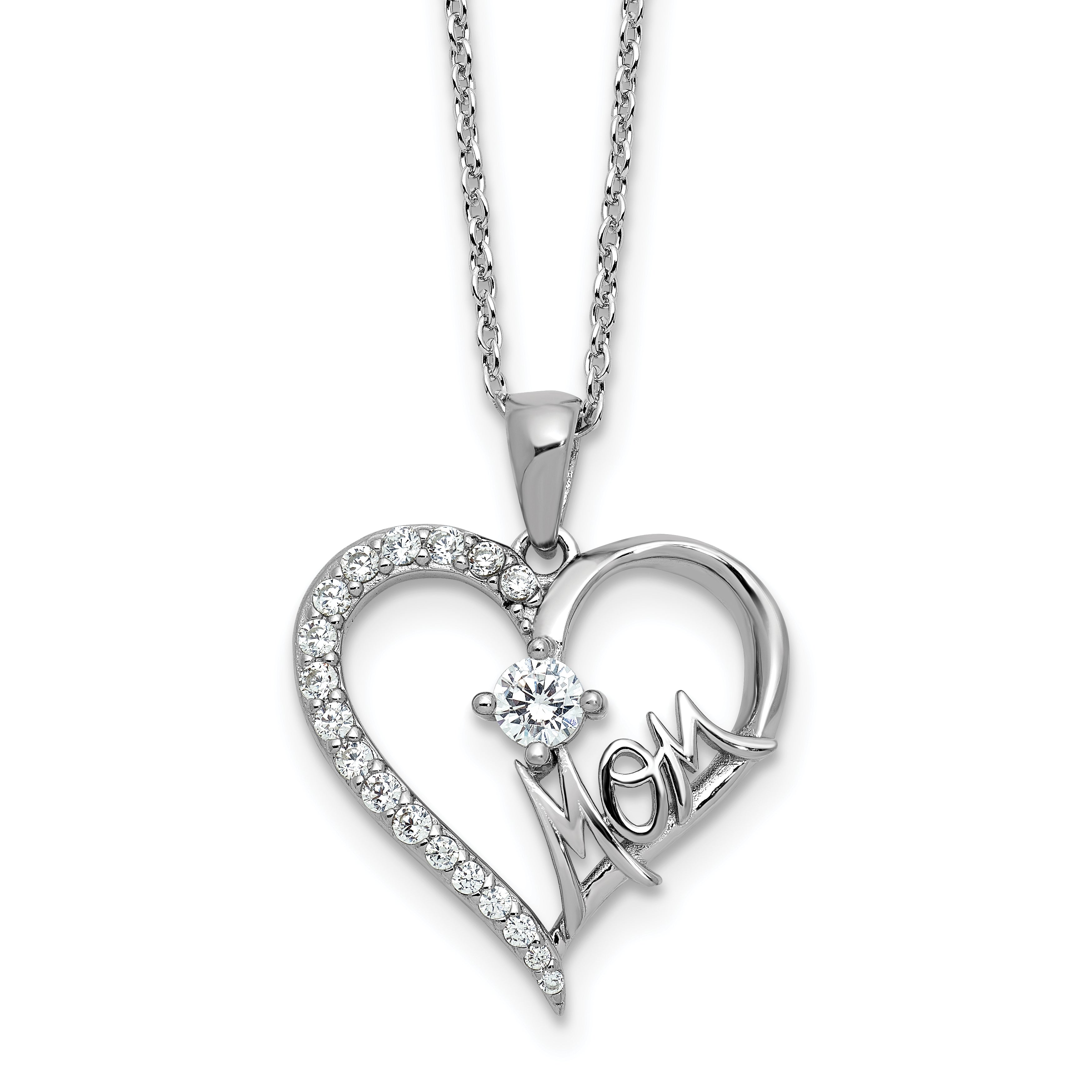 Cheryl M Sterling Silver Rhodium-plated Polished CZ Mom Heart with 2 Inch Extension Necklace
