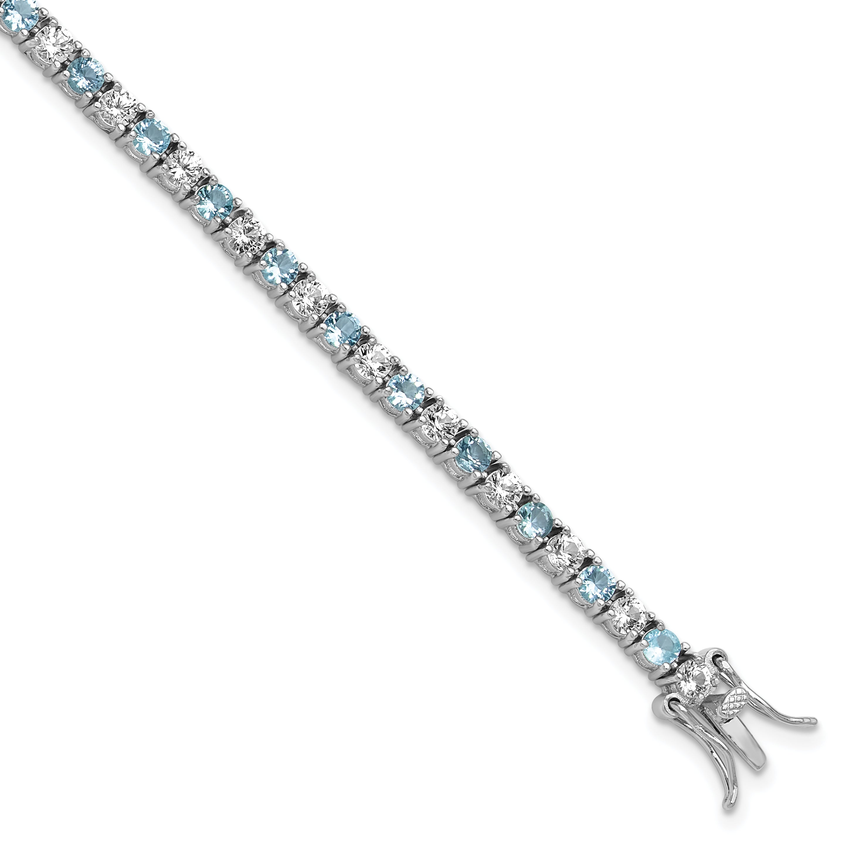 Cheryl M Sterling Silver Rhodium-plated Polished Aqua Glass and CZ Tennis Bracelet