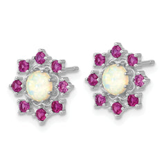 Cheryl M Sterling Silver Rhodium-plated Polished Created Opal and Pink Crystal Flower Post Earrings