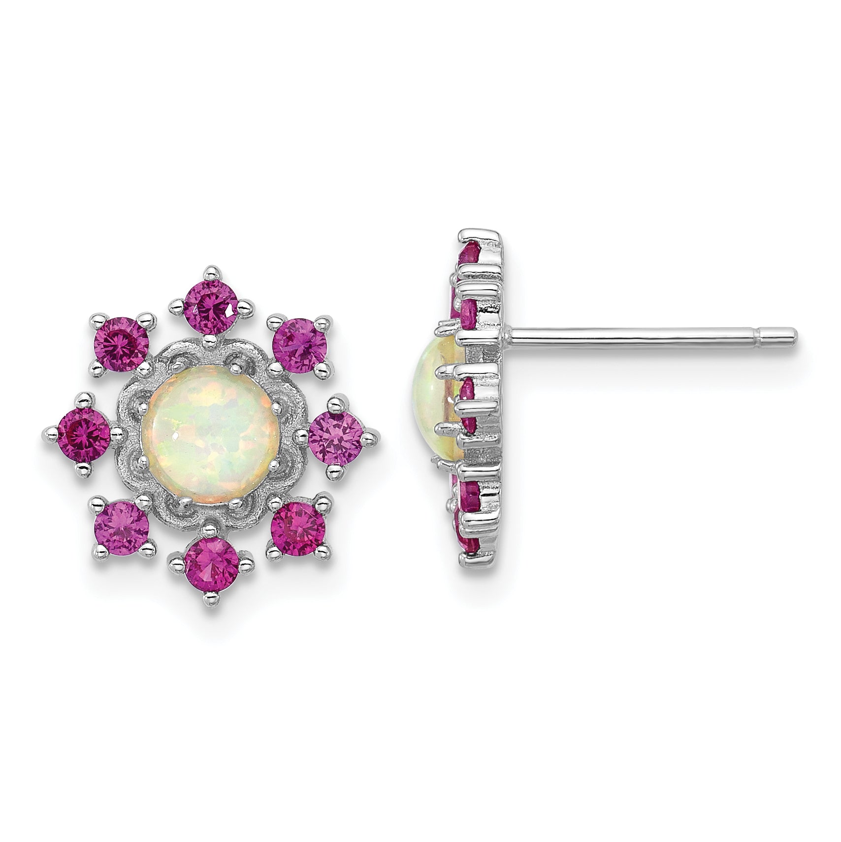 Cheryl M Sterling Silver Rhodium-plated Polished Created Opal and Pink Crystal Flower Post Earrings