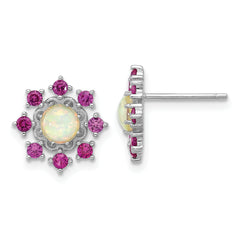 Cheryl M Sterling Silver Rhodium-plated Polished Created Opal and Pink Crystal Flower Post Earrings