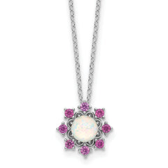 Cheryl M Sterling Silver Rhodium-plated Polished Created Opal and Pink Crystal Flower Necklace
