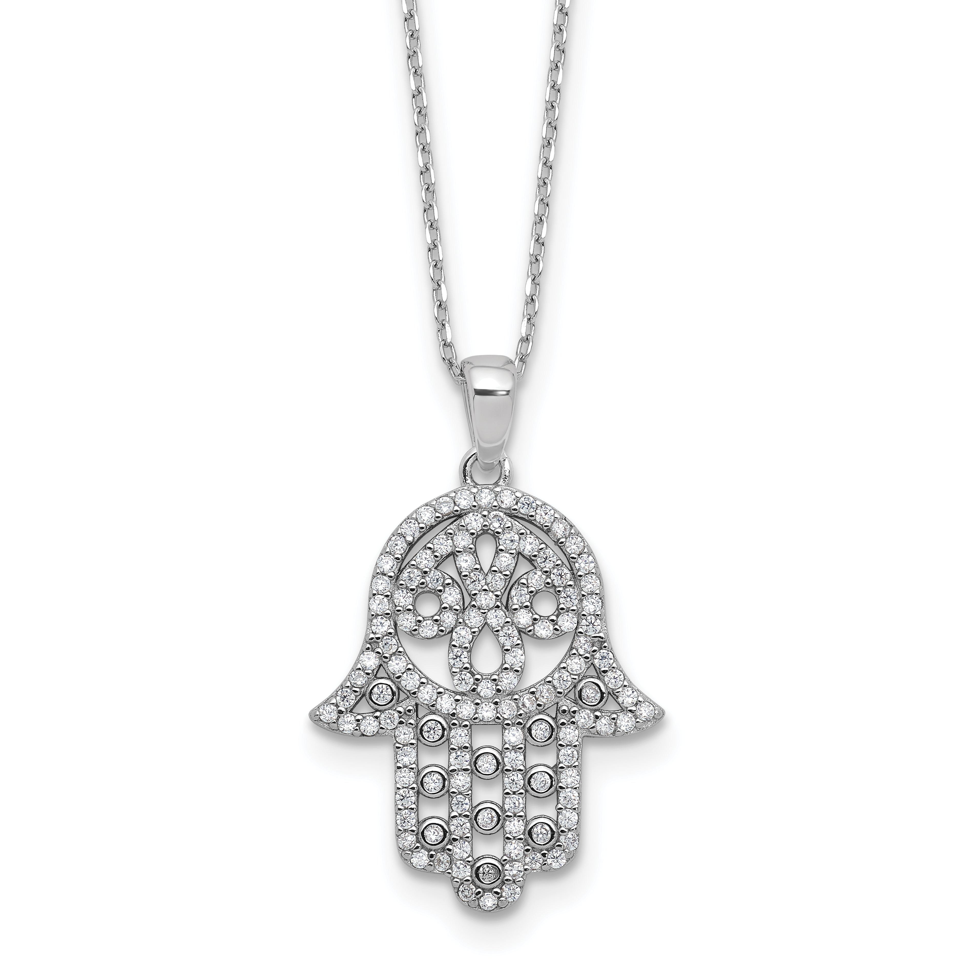 Cheryl M Sterling Silver Rhodium-plated Polished CZ Hamsa Necklace
