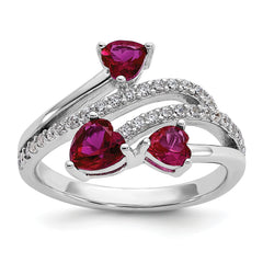 Cheryl M Sterling Silver Rhodium-plated Polished Lab Created Ruby and CZ Hearts Ring