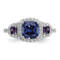 Cheryl M Sterling Silver Rhodium-plated Polished Fancy Blue Purple and White CZ Halo Ring