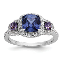 Cheryl M Sterling Silver Rhodium-plated Polished Fancy Blue Purple and White CZ Halo Ring