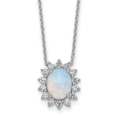 Cheryl M Sterling Silver Rhodium-plated Polished Created Opal and CZ Oval Halo Necklace