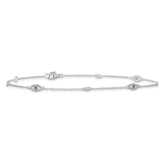 Cheryl M Sterling Silver Rhodium-plated Polished Blue Glass and CZ Evil Eye 9.5 Inch with 1 Inch Extension Anklet