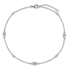 Cheryl M Sterling Silver Rhodium-plated Polished Blue Glass and CZ Evil Eye 9.5 Inch with 1 Inch Extension Anklet