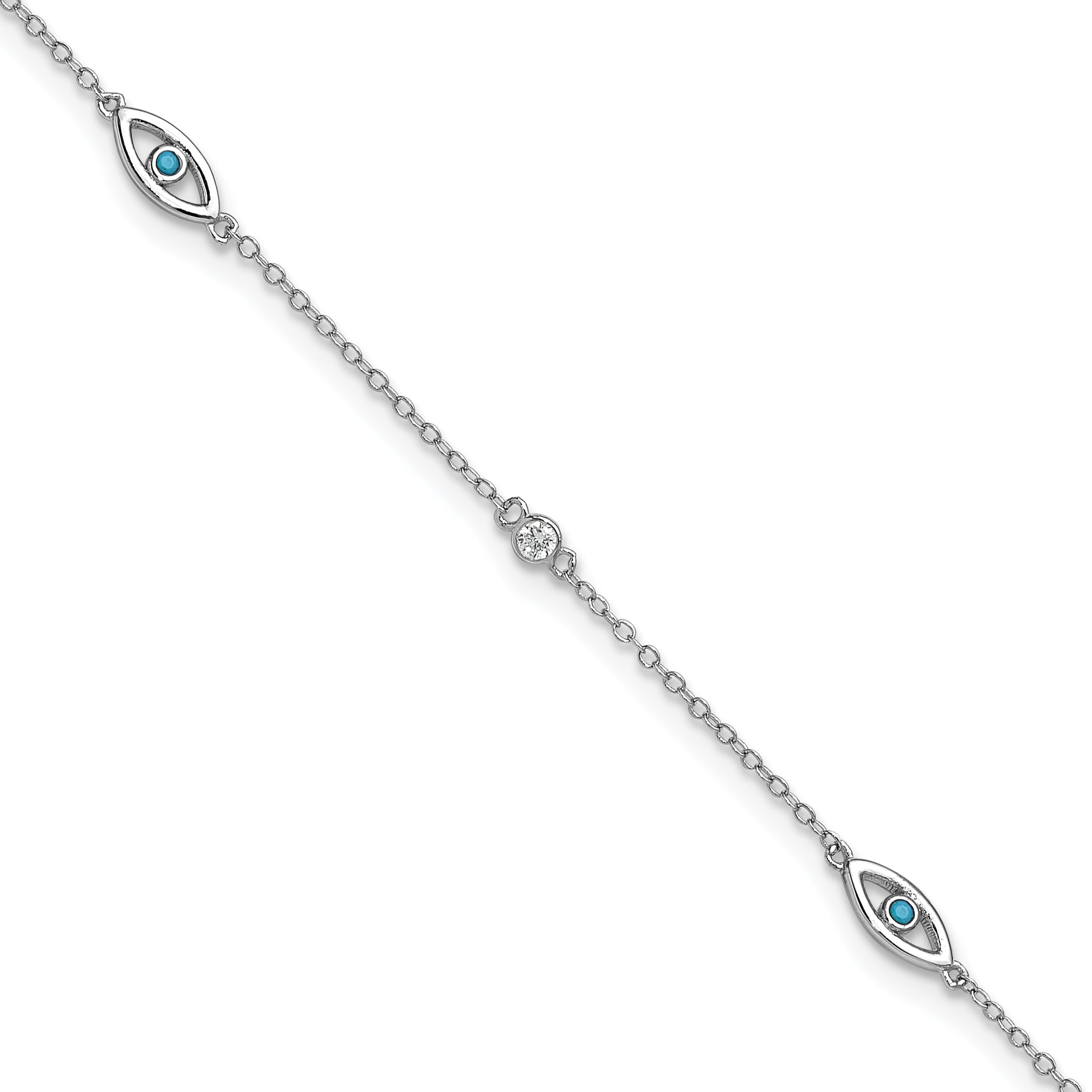 Cheryl M Sterling Silver Rhodium-plated Polished Blue Glass and CZ Evil Eye 9.5 Inch with 1 Inch Extension Anklet
