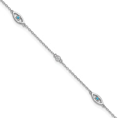Cheryl M Sterling Silver Rhodium-plated Polished Blue Glass and CZ Evil Eye 9.5 Inch with 1 Inch Extension Anklet