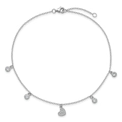 Cheryl M Sterling Silver Rhodium-plated Polished CZ Heart 9.5 Inch with 1 Inch Extension Anklet