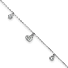 Cheryl M Sterling Silver Rhodium-plated Polished CZ Heart 9.5 Inch with 1 Inch Extension Anklet