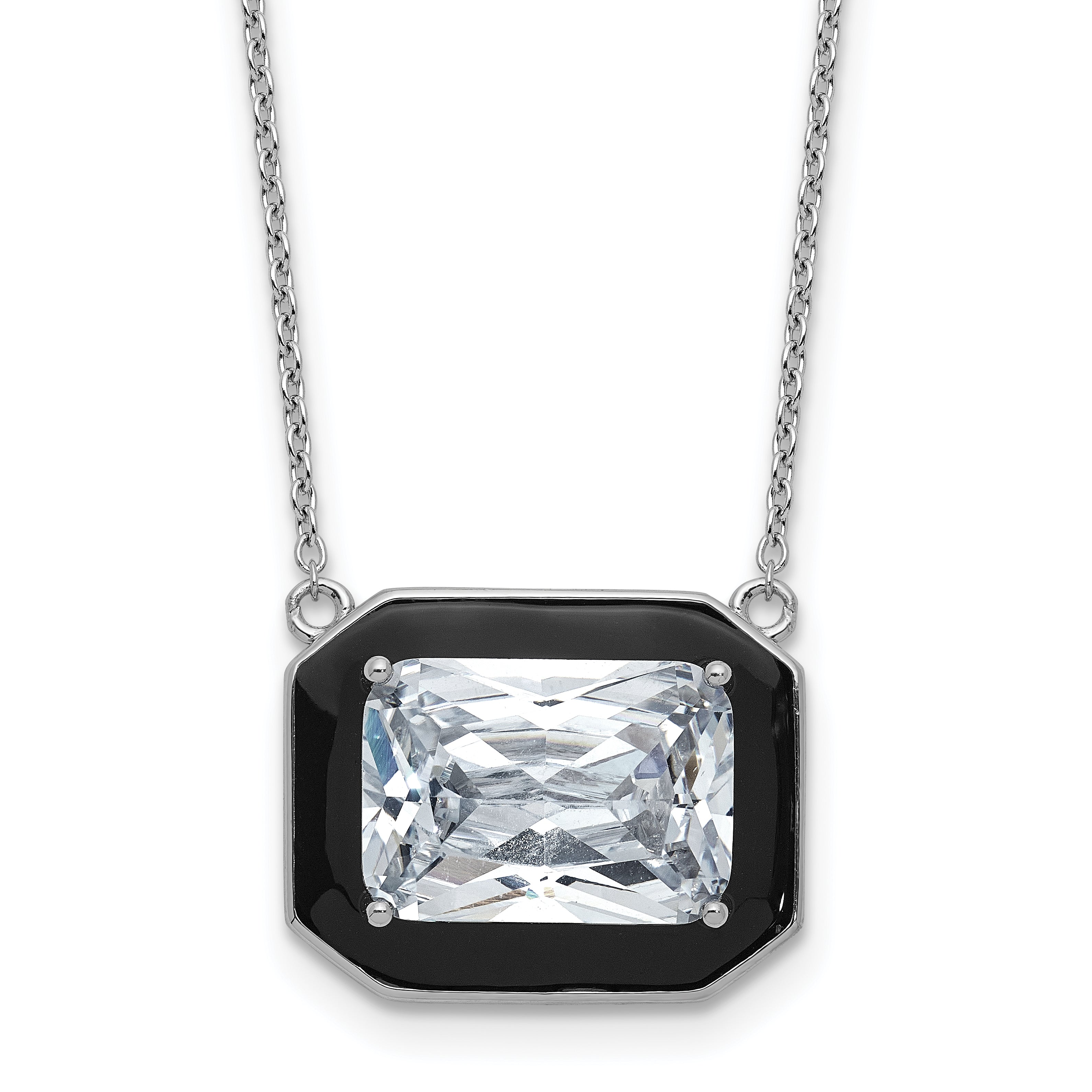 Cheryl M Sterling Silver Rhodium-plated Polished Black Enamel and Emerald-cut CZ Necklace