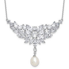 Cheryl M Sterling Silver Rhodium-plated Polished Fancy Freshwater Cultured Pearl and CZ Necklace