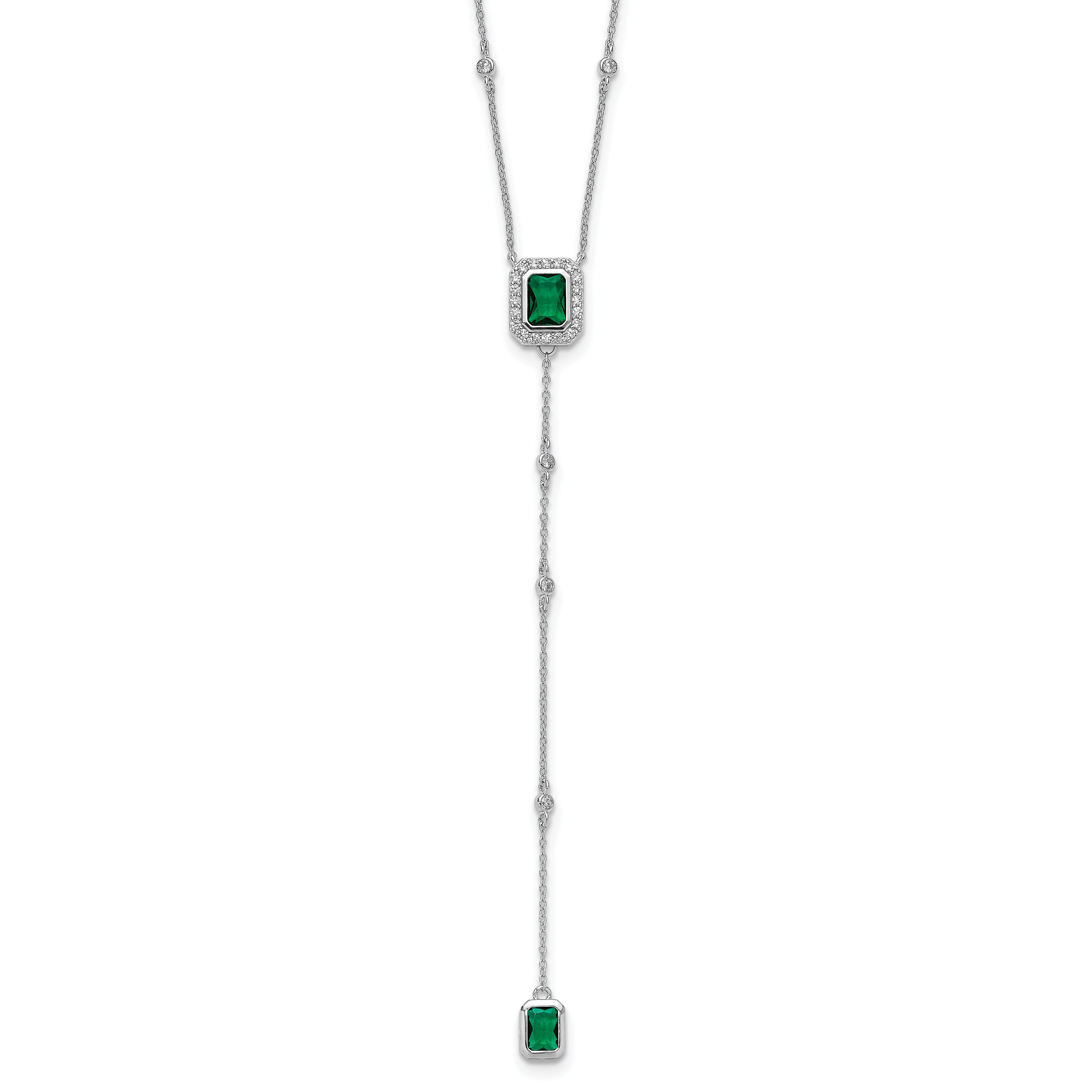 Cheryl M Sterling Silver Rhodium-plated Polished Fancy Green Glass and CZ Lariat Necklace