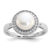 Cheryl M Sterling Silver Rhodium-plated Polished Freshwater Cultured Pearl and CZ Halo Ring