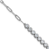 Cheryl M Sterling Silver Rhodium-plated Polished Bezel Set CZ and Paperclip Link Bracelet