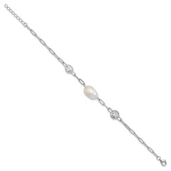 Cheryl M Sterling Silver Rhodium-plated Polished Freshwater Cultured Pearl and CZ Link with .75 Inch Extension Bracelet