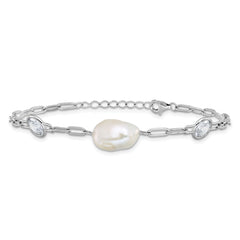 Cheryl M Sterling Silver Rhodium-plated Polished Freshwater Cultured Pearl and CZ Link with .75 Inch Extension Bracelet
