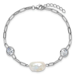 Cheryl M Sterling Silver Rhodium-plated Polished Freshwater Cultured Pearl and CZ Link with .75 Inch Extension Bracelet