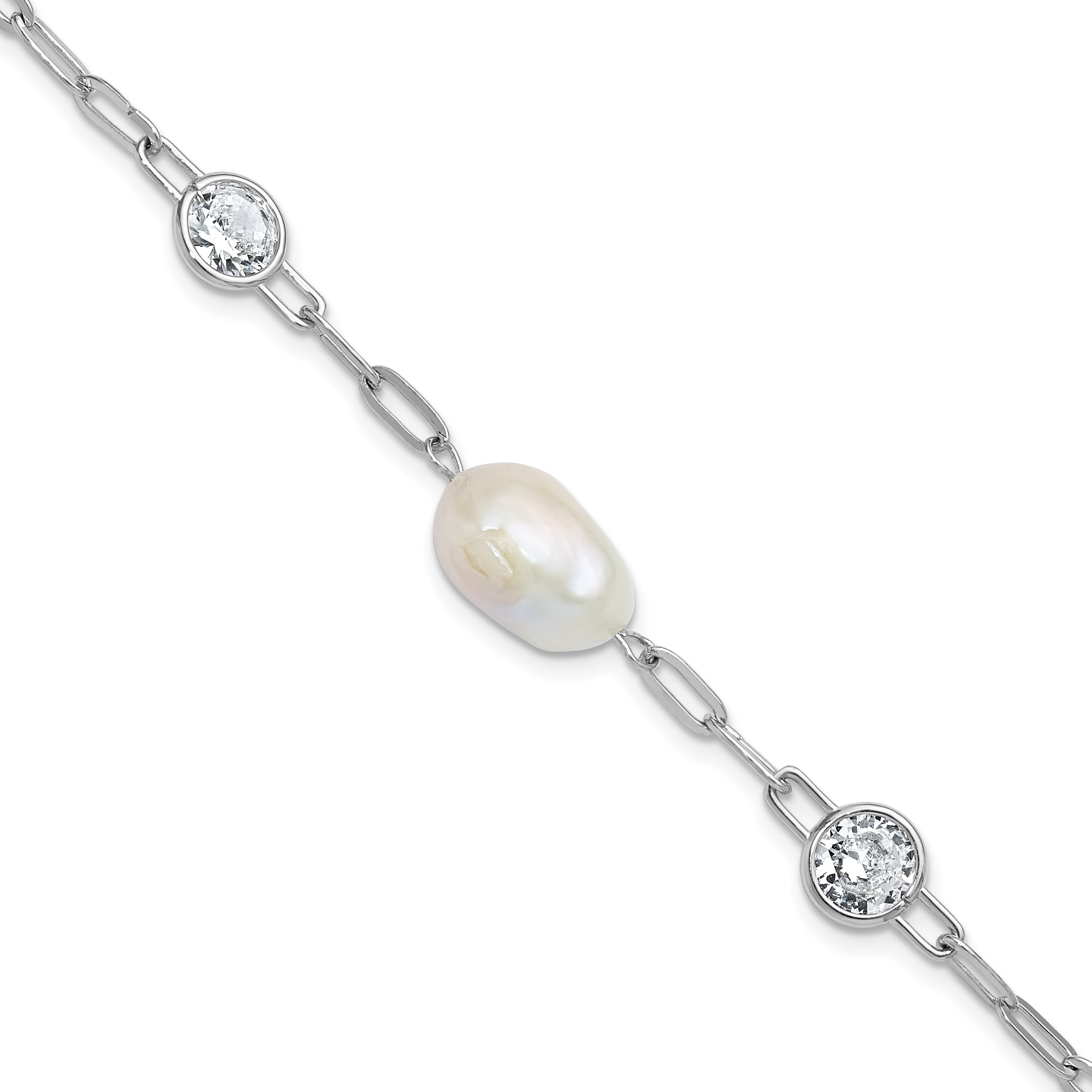 Cheryl M Sterling Silver Rhodium-plated Polished Freshwater Cultured Pearl and CZ Link with .75 Inch Extension Bracelet
