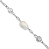 Cheryl M Sterling Silver Rhodium-plated Polished Freshwater Cultured Pearl and CZ Link with .75 Inch Extension Bracelet