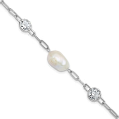Cheryl M Sterling Silver Rhodium-plated Polished Freshwater Cultured Pearl and CZ Link with .75 Inch Extension Bracelet
