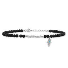 Cheryl M Sterling Silver Rhodium-plated Polished Onyx Crystal and CZ Hamsa 9.5 Inch with 1 Inch Extension Anklet