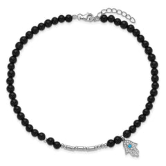 Cheryl M Sterling Silver Rhodium-plated Polished Onyx Crystal and CZ Hamsa 9.5 Inch with 1 Inch Extension Anklet