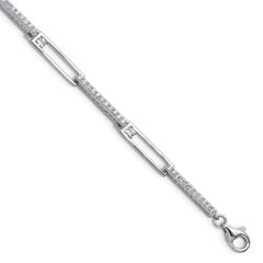 Cheryl M Sterling Silver Rhodium-plated Polished CZ Rectangular Link with 1 Inch Extension Bracelet
