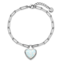 Cheryl M Sterling Silver Rhodium-plated Polished Created Opal Heart Paperclip Link with 1 Inch Extension Bracelet