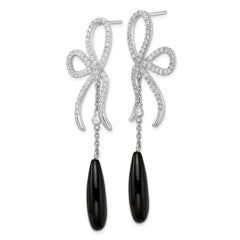 Cheryl M Sterling Silver Rhodium-plated Polished Fancy Onyx and CZ Bow Post Dangle Earrings