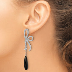 Cheryl M Sterling Silver Rhodium-plated Polished Fancy Onyx and CZ Bow Post Dangle Earrings