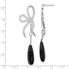 Cheryl M Sterling Silver Rhodium-plated Polished Fancy Onyx and CZ Bow Post Dangle Earrings