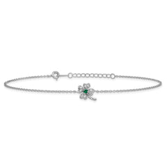 Cheryl M Sterling Silver Rhodium-plated Polished Green and White CZ Four Leaf Clover 9.5 Inch with 1 Inch Extension Anklet
