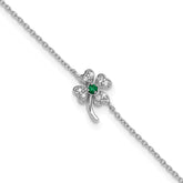 Cheryl M Sterling Silver Rhodium-plated Polished Green and White CZ Four Leaf Clover 9.5 Inch with 1 Inch Extension Anklet