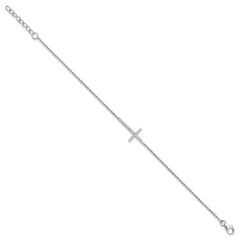 Cheryl M Sterling Silver Rhodium-plated Polished and Beaded CZ Cross 9.5 Inch with 1 Inch Extension Anklet