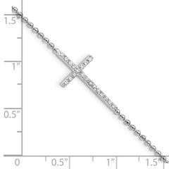 Cheryl M Sterling Silver Rhodium-plated Polished and Beaded CZ Cross 9.5 Inch with 1 Inch Extension Anklet