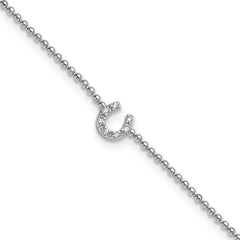 Cheryl M Sterling Silver Rhodium-plated Polished and Beaded CZ Horseshoe 9.5 Inch with 1 Inch Extension Anklet