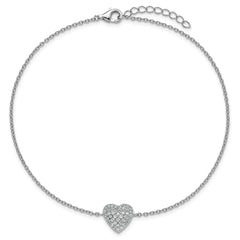 Cheryl M Sterling Silver Rhodium-plated Polished Pave CZ Heart 9.5 Inch with 1 Inch Extension Anklet