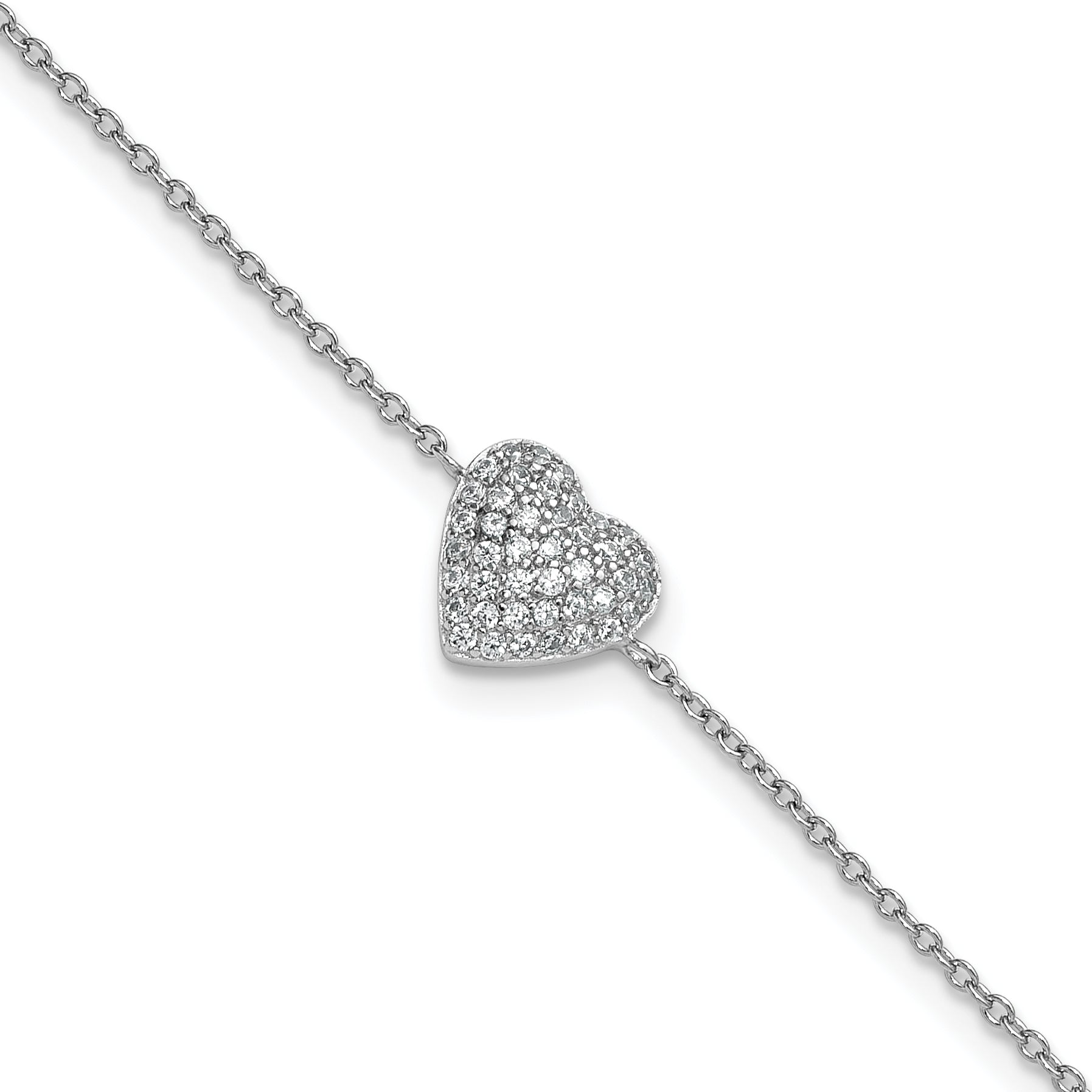 Cheryl M Sterling Silver Rhodium-plated Polished Pave CZ Heart 9.5 Inch with 1 Inch Extension Anklet