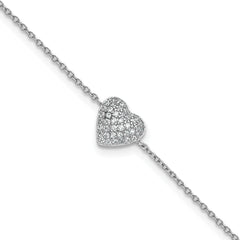 Cheryl M Sterling Silver Rhodium-plated Polished Pave CZ Heart 9.5 Inch with 1 Inch Extension Anklet