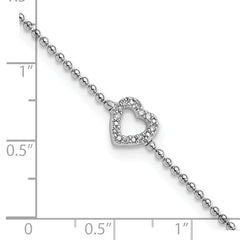Cheryl M Sterling Silver Rhodium-plated Polished and Beaded CZ Heart 9.5 Inch with 1 Inch Extension Anklet